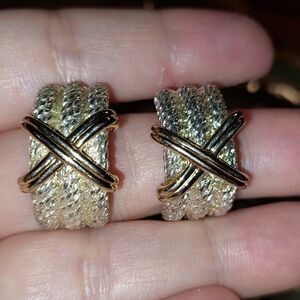 Gold and Silver Braided Hoop Earrings with Accent X Detail